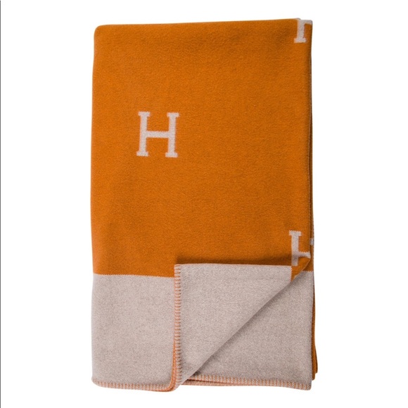 Hermès AVALON ORANGE &grey wool & cashmere blanket - Picture 7 of 8